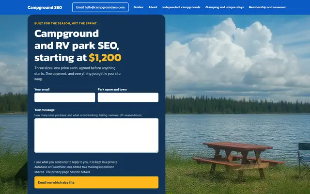 Screenshot of campgroundseo.com homepage